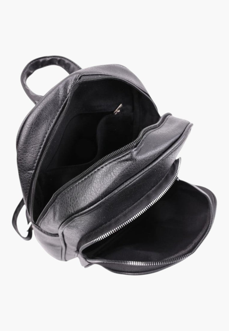 Falio black faux leather urban backpack with multiple zippered compartments and spacious interior for daily use.