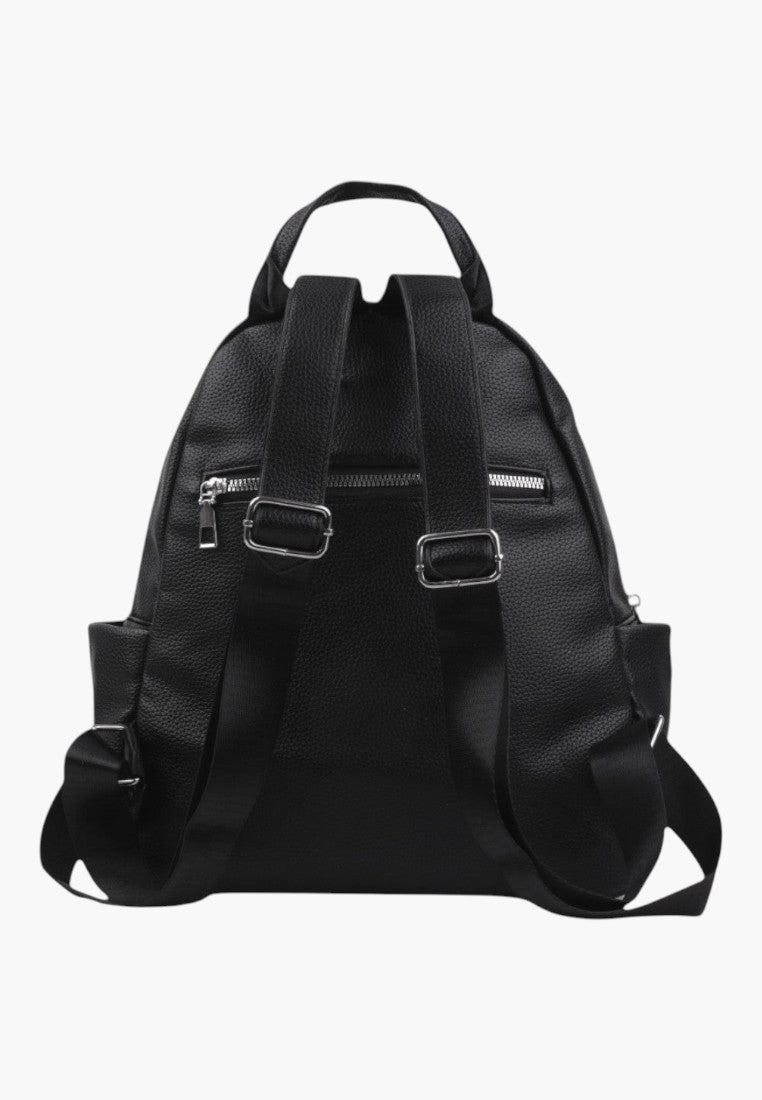 Falio black faux leather urban backpack with adjustable straps and rear zipper pocket, back view