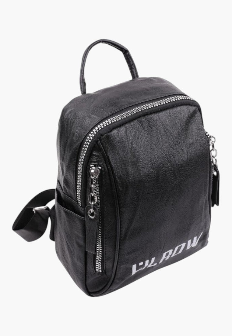 Falio black urban faux leather backpack with silver zippers and white graphic print, suitable for daily use.