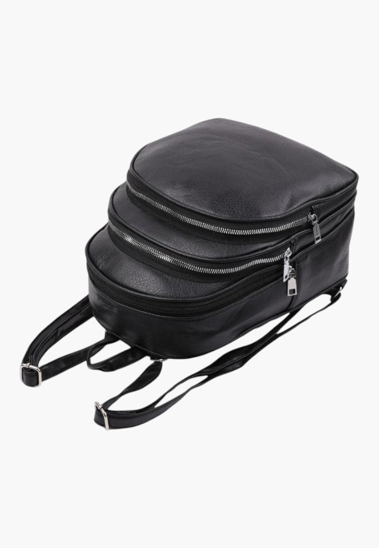 Falio black faux leather urban backpack with three zippered compartments and adjustable straps