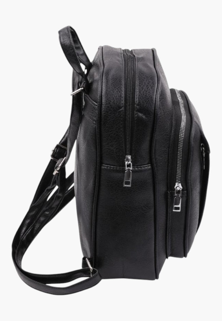 Falio black faux leather urban backpack with multiple zippered compartments and adjustable straps, side view
