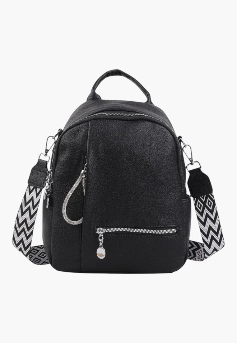 Falio black faux leather urban backpack with patterned straps and silver zipper details
