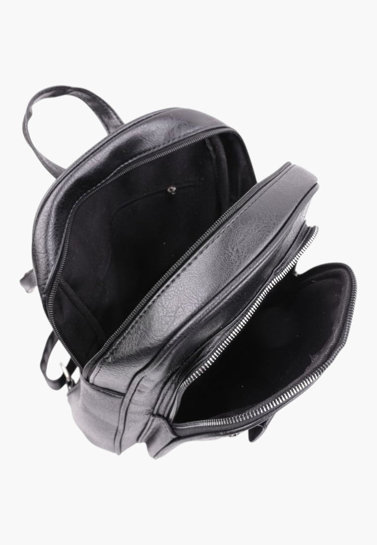 Falio black faux leather urban backpack with multiple zippered compartments and spacious interior for A4 items