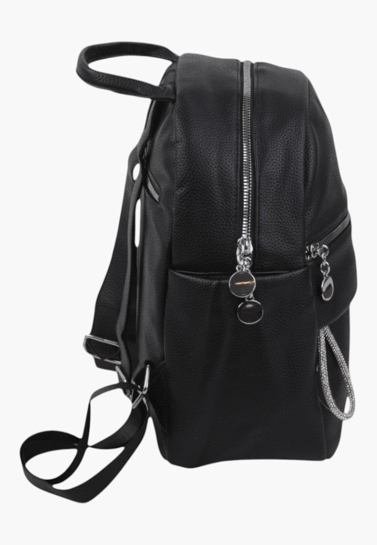 Falio black faux leather urban backpack with silver zippers and multiple pockets, side view
