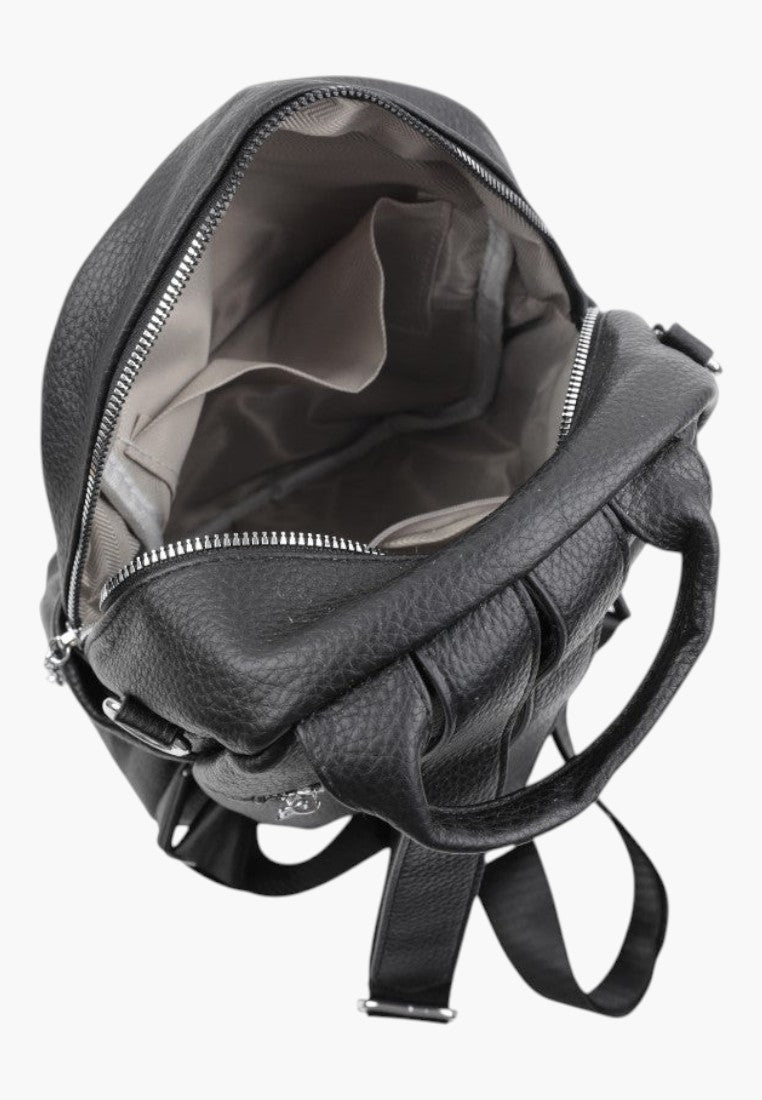 Falio black faux leather urban backpack with open zippered main compartment and internal pockets