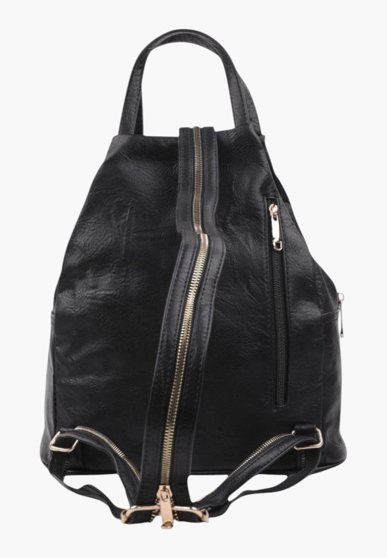 Falio black faux leather urban backpack with a vertical front zipper and multiple pockets for daily use