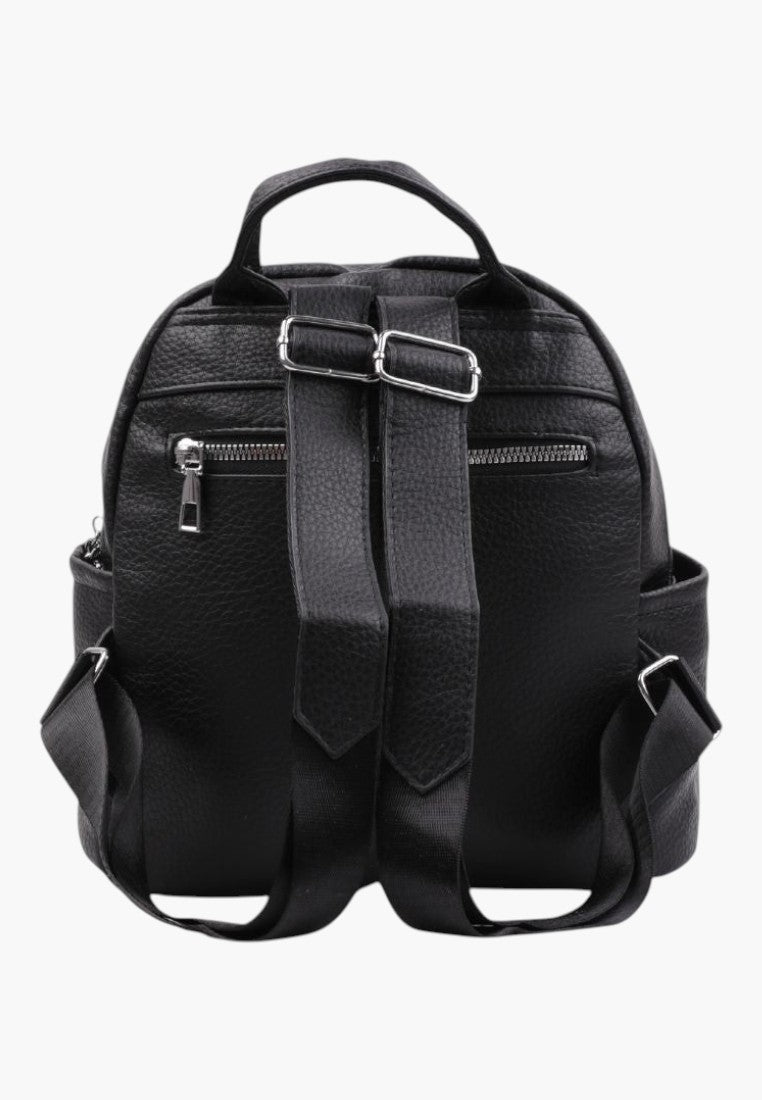 Falio black faux leather urban backpack with adjustable straps and multiple zippered pockets, rear view