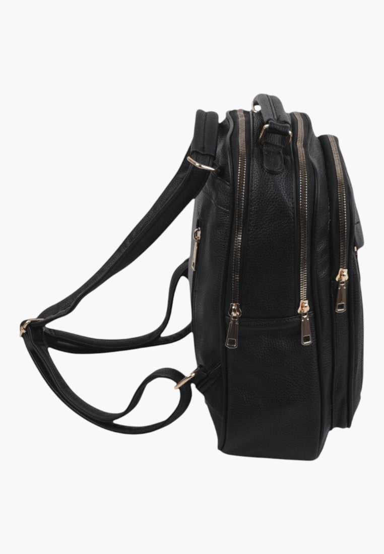 Falio black faux leather urban backpack with multiple zippered compartments and adjustable straps, side view