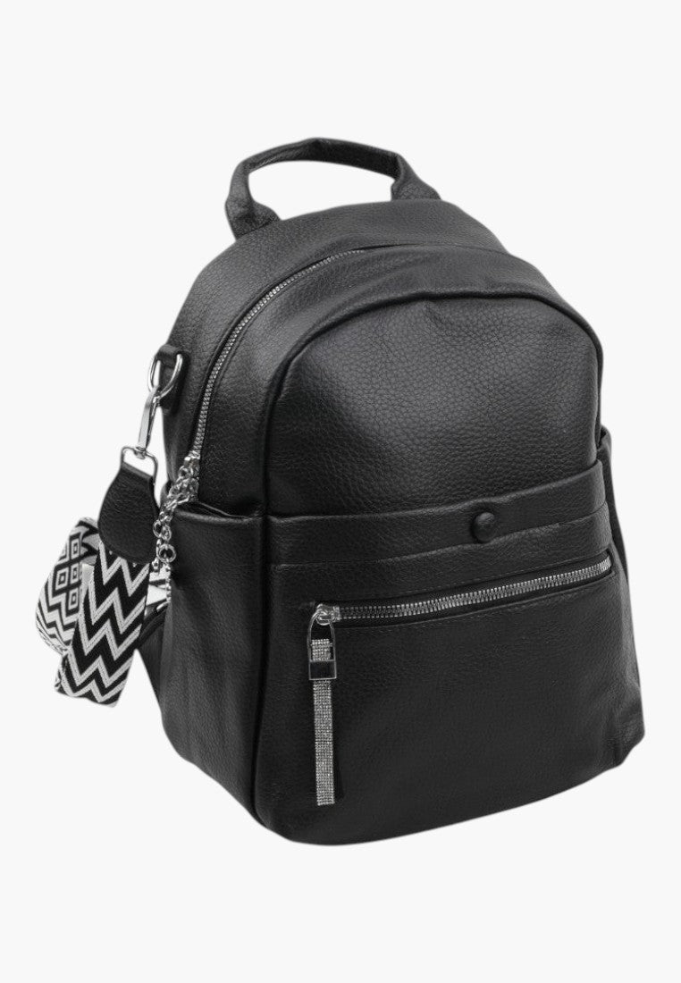 Falio black faux leather urban backpack with a patterned strap, featuring multiple zippered pockets and A4 capacity.