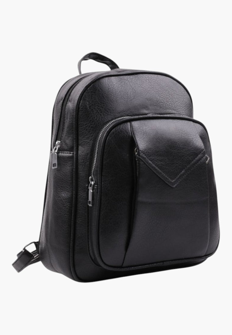 Falio black faux leather urban backpack with a large main compartment and front zippered pocket for daily use