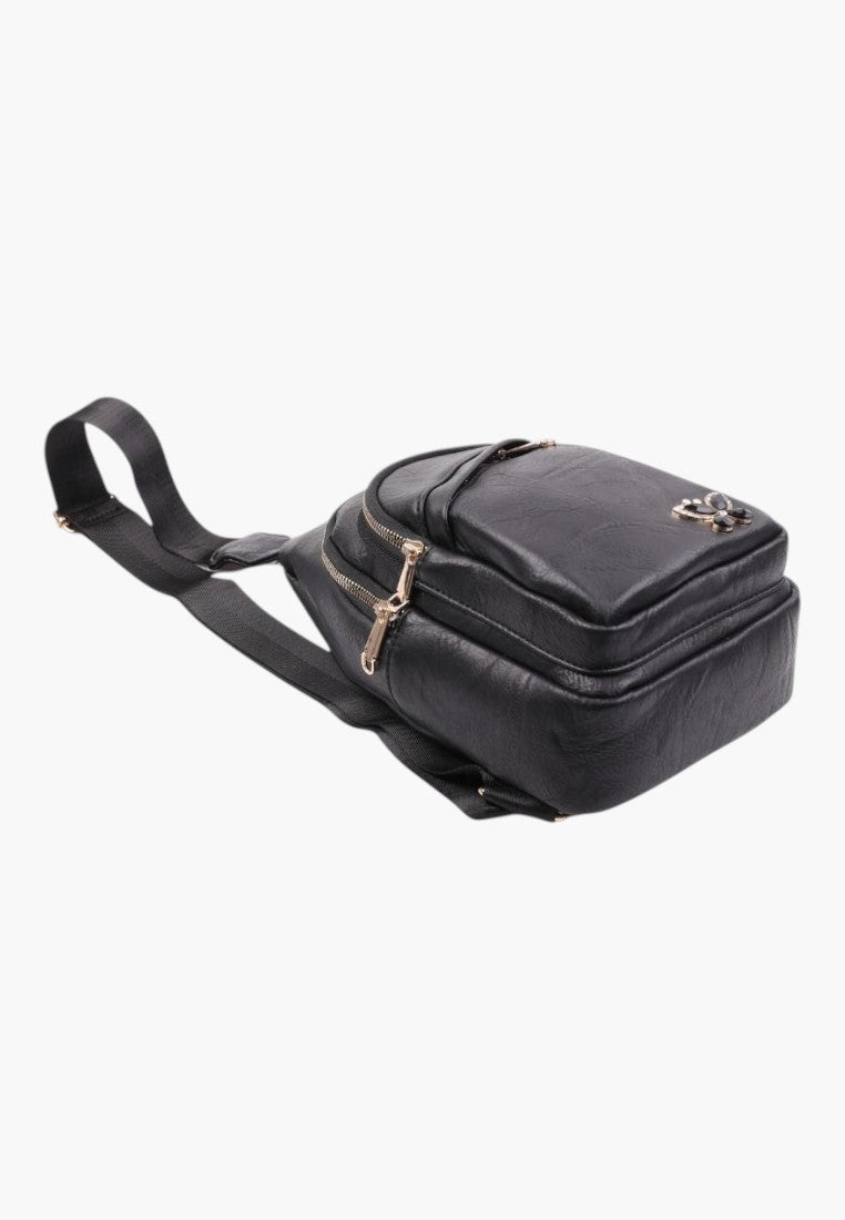 Falio black faux leather urban backpack with multiple zippered pockets and adjustable strap