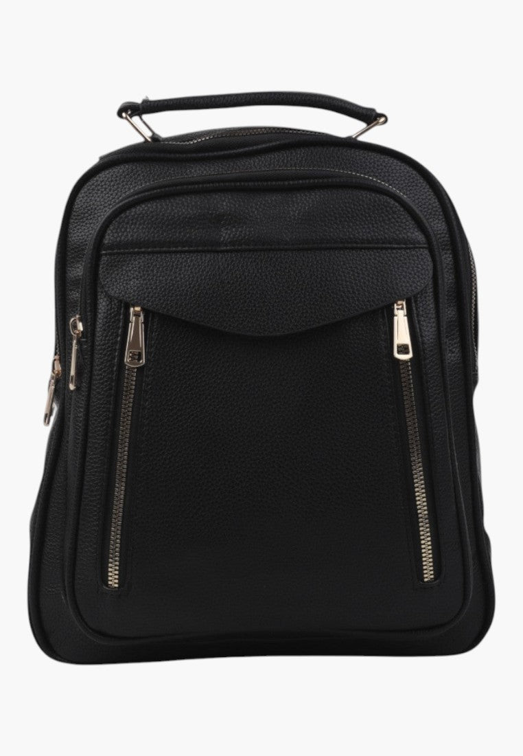 Falio black faux leather urban backpack with A4 capacity, multiple zip pockets, and gold-tone hardware.