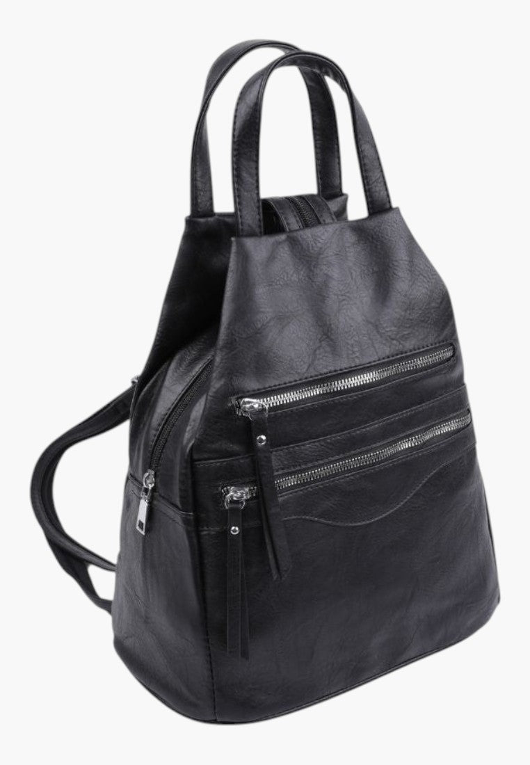 Falio black faux leather urban backpack with multiple zippered pockets and top carry handles