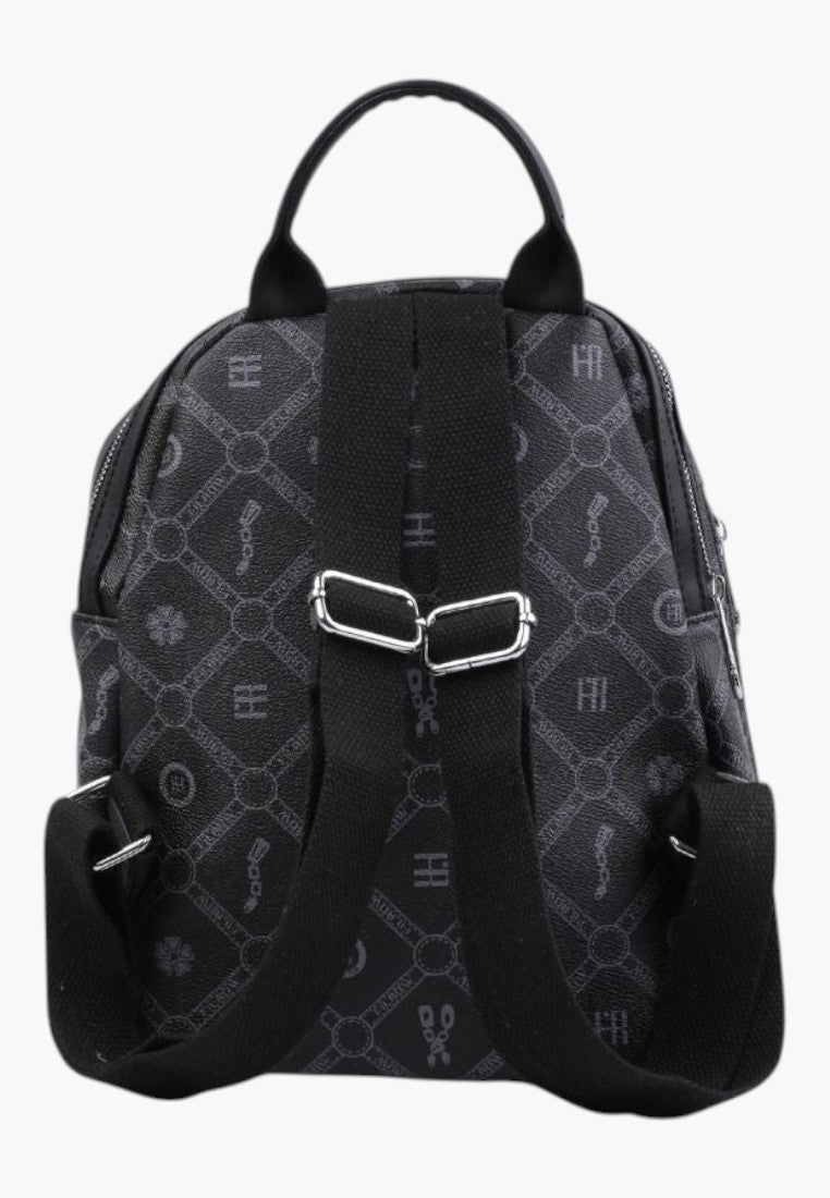 Falio black faux leather urban backpack with a patterned design and adjustable straps, viewed from the back.
