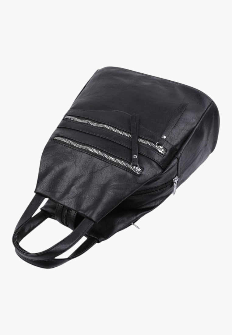 Falio black faux leather urban backpack with multiple zippered pockets and top handles for daily use.