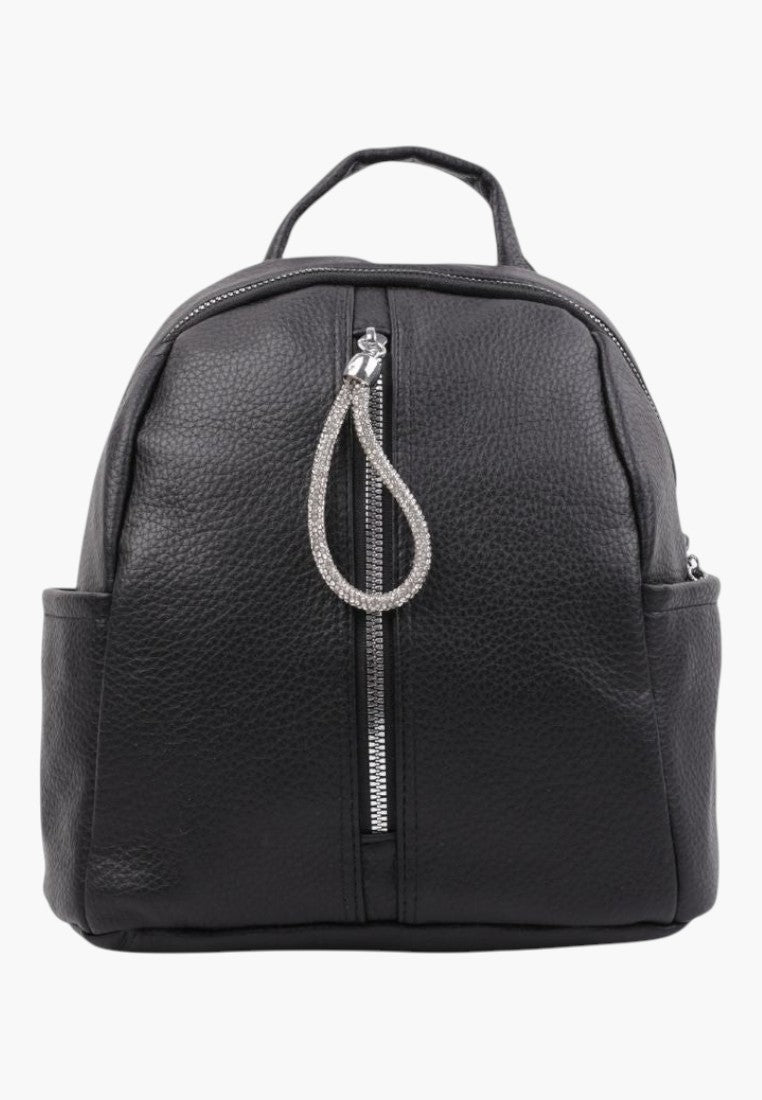 Falio black faux leather urban backpack with a decorative crystal-embellished zipper pull and multiple pockets