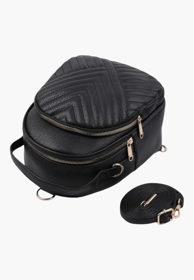 Falio black faux leather urban backpack with quilted chevron pattern, gold zippers, and detachable shoulder strap.
