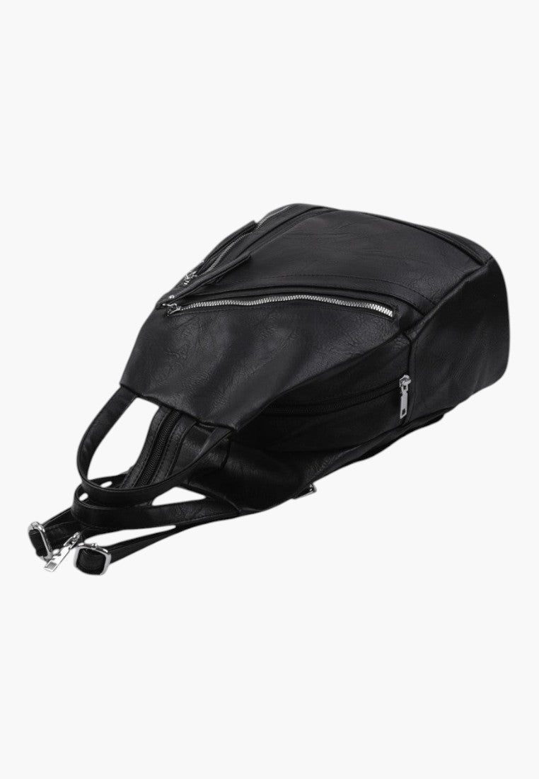 Falio black faux leather urban backpack with multiple zippered pockets and adjustable straps for daily use