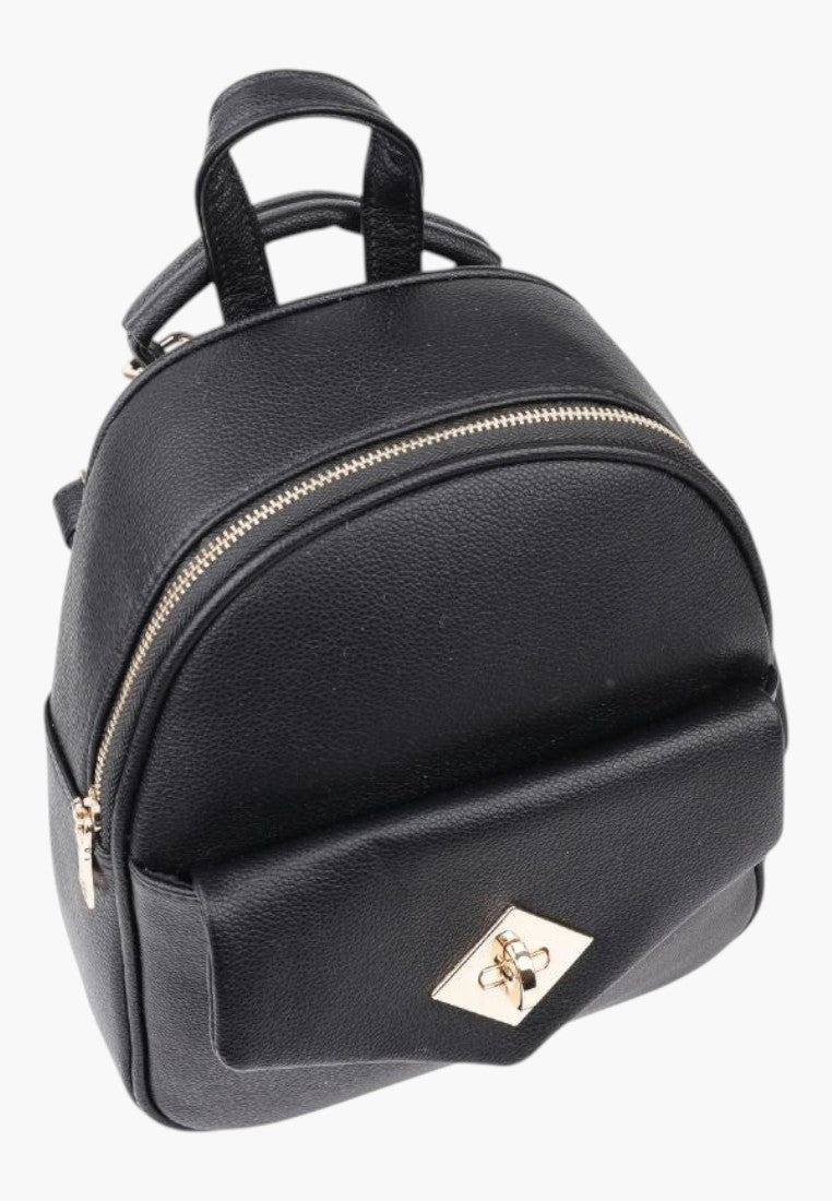 Falio black faux leather urban backpack with gold hardware, two compartments, and a front pocket with a twist lock.