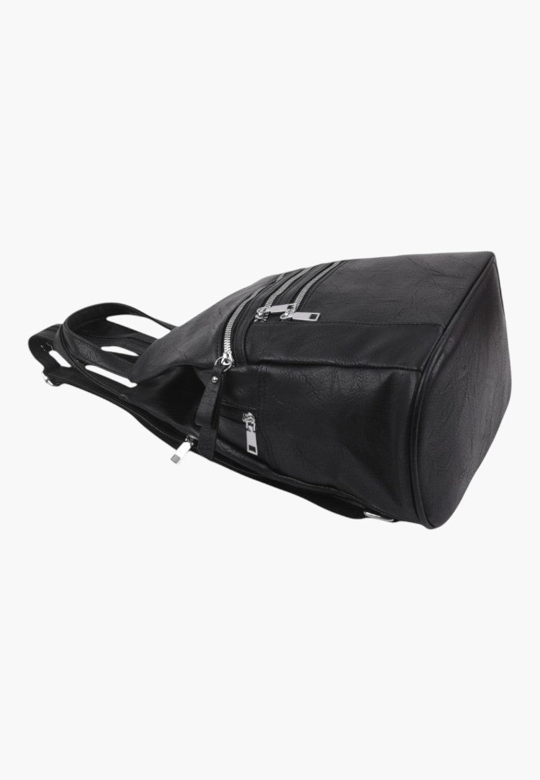 Falio black faux leather urban backpack with multiple zippered pockets and silver hardware, side view