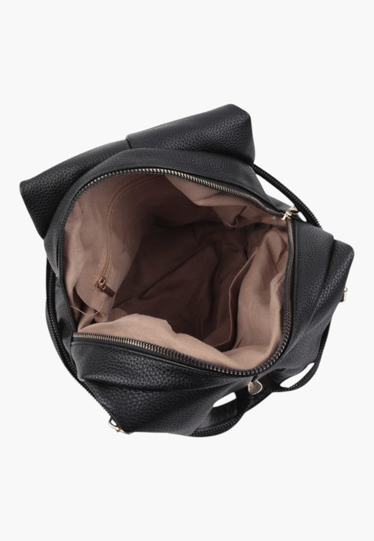 Falio black faux leather urban backpack with open main compartment and beige fabric lining