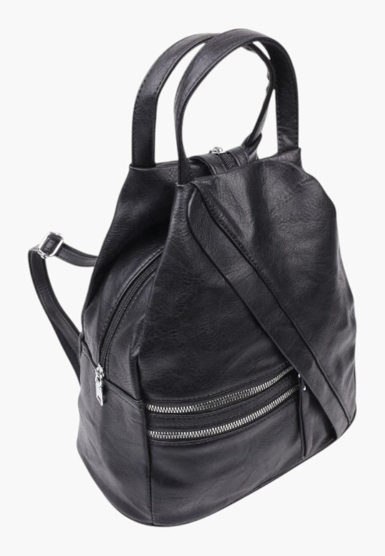 Falio black faux leather urban backpack with multiple zippered pockets and adjustable straps