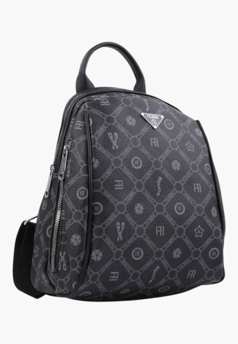 Falio small black faux leather urban backpack with a patterned design, featuring a top handle and zip closure.