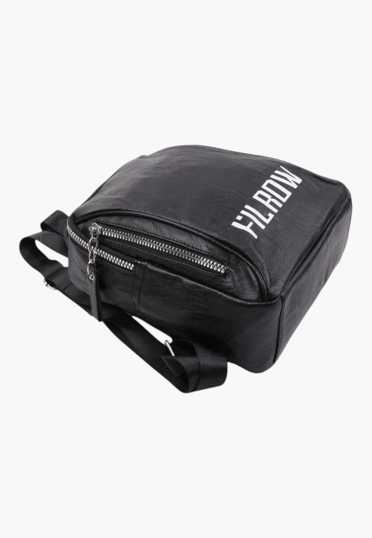 Falio black faux leather urban backpack with white logo print, featuring zippered compartments and adjustable straps.
