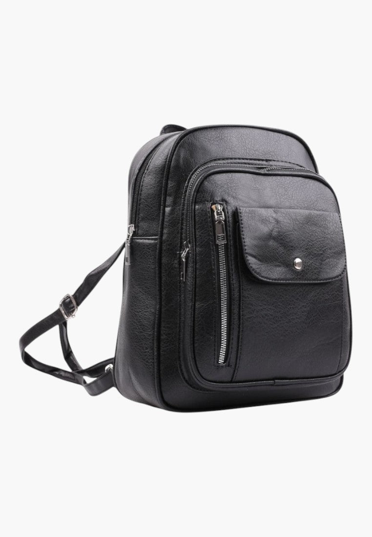 Falio black faux leather urban backpack with multiple zippered pockets and A4 capacity for daily use.