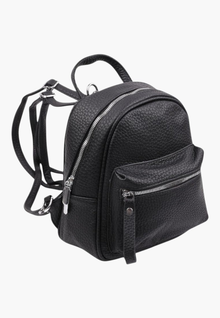 Falio small black faux leather urban backpack with silver zippers and multiple pockets for daily use