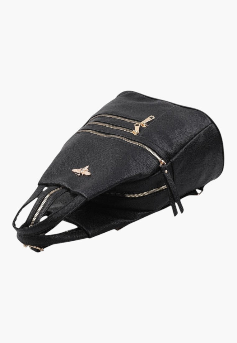Falio small black faux leather urban backpack with gold bee emblem and multiple zippered compartments