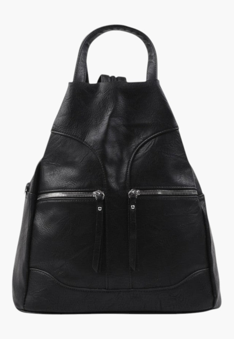 Falio black faux leather urban backpack with dual front zippered pockets and a top handle