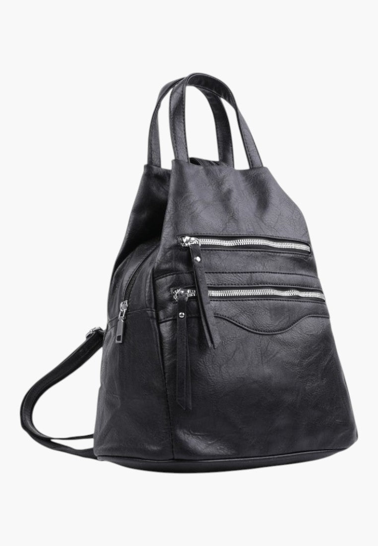 Falio black faux leather urban backpack with multiple zippered pockets and top handles for versatile carrying.