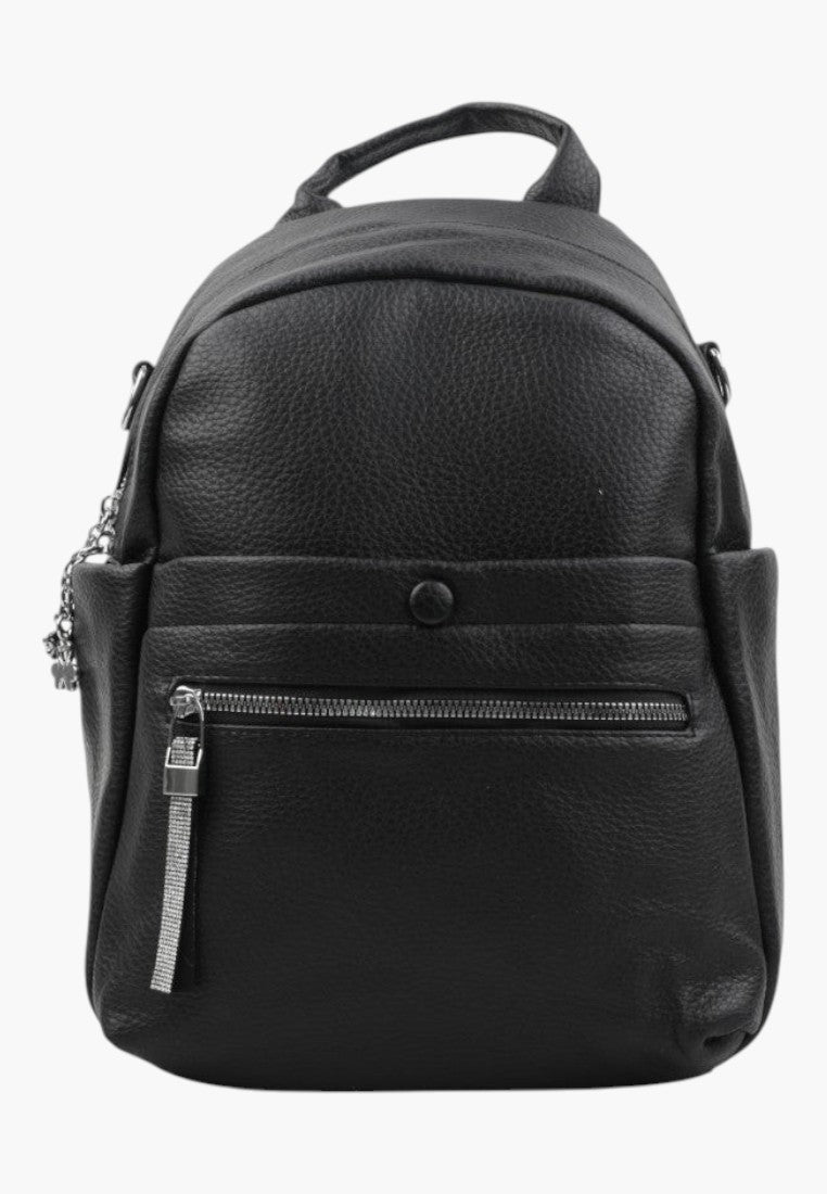 Falio black faux leather urban backpack with multiple zippered pockets and a top handle for daily use.