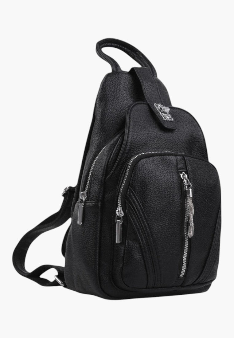 Falio black faux leather urban backpack with multiple zippered pockets and a compact design for daily use