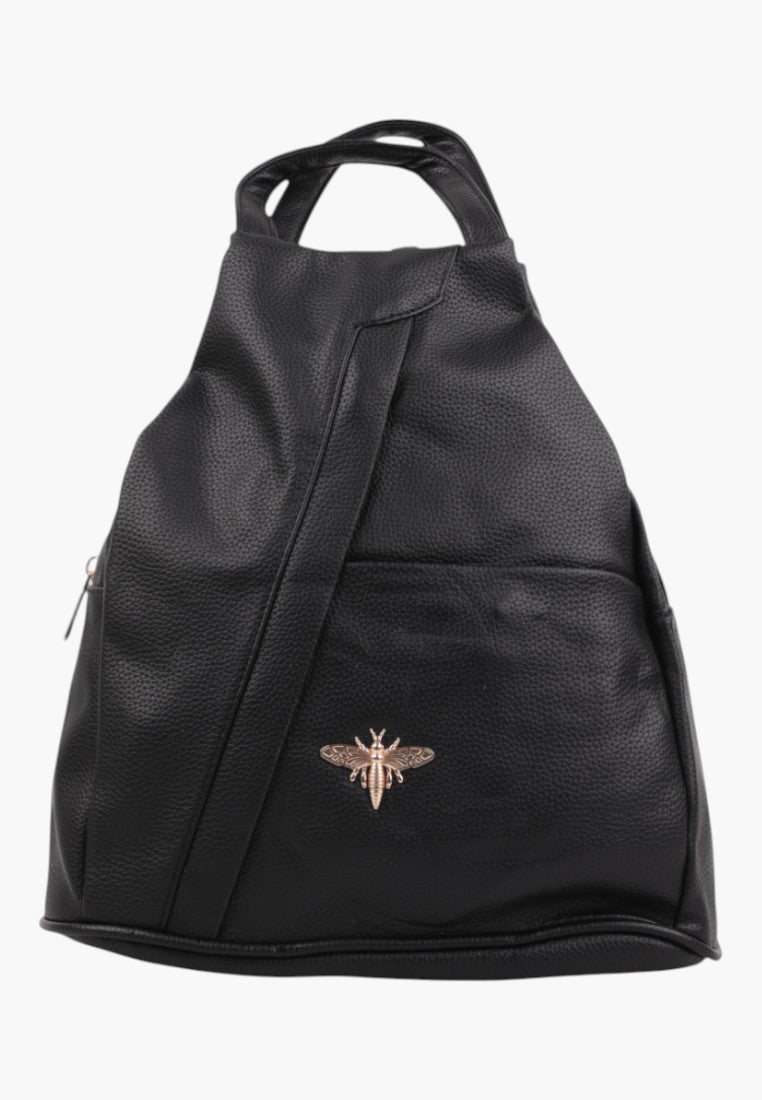 Falio black faux leather urban backpack with a gold bee emblem and multiple zippered compartments