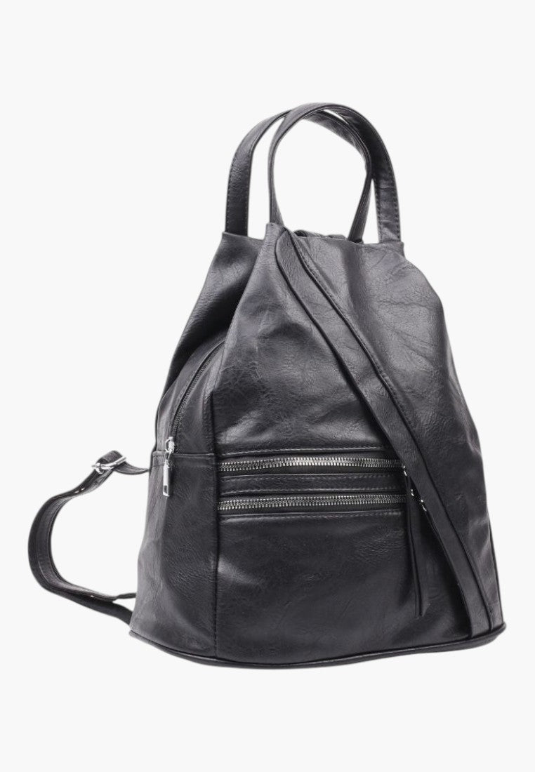 Falio black faux leather urban backpack with multiple zippered pockets and adjustable straps for women