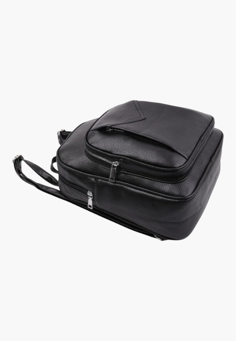 Falio black faux leather urban backpack with a zippered front pocket and spacious main compartment