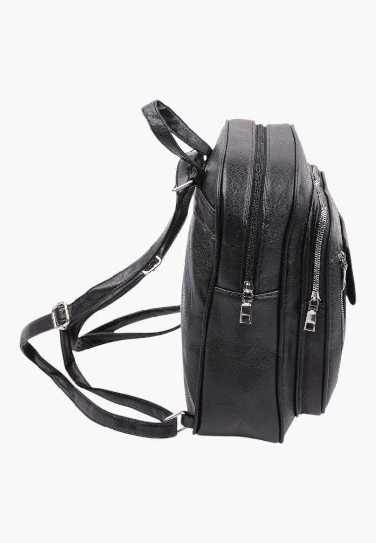 Falio black faux leather urban backpack with multiple zippered compartments and adjustable straps, side view