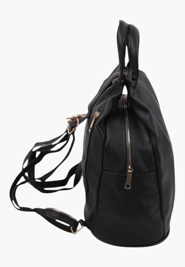 Falio black urban faux leather women's backpack with side zipper pockets and top handle, side view