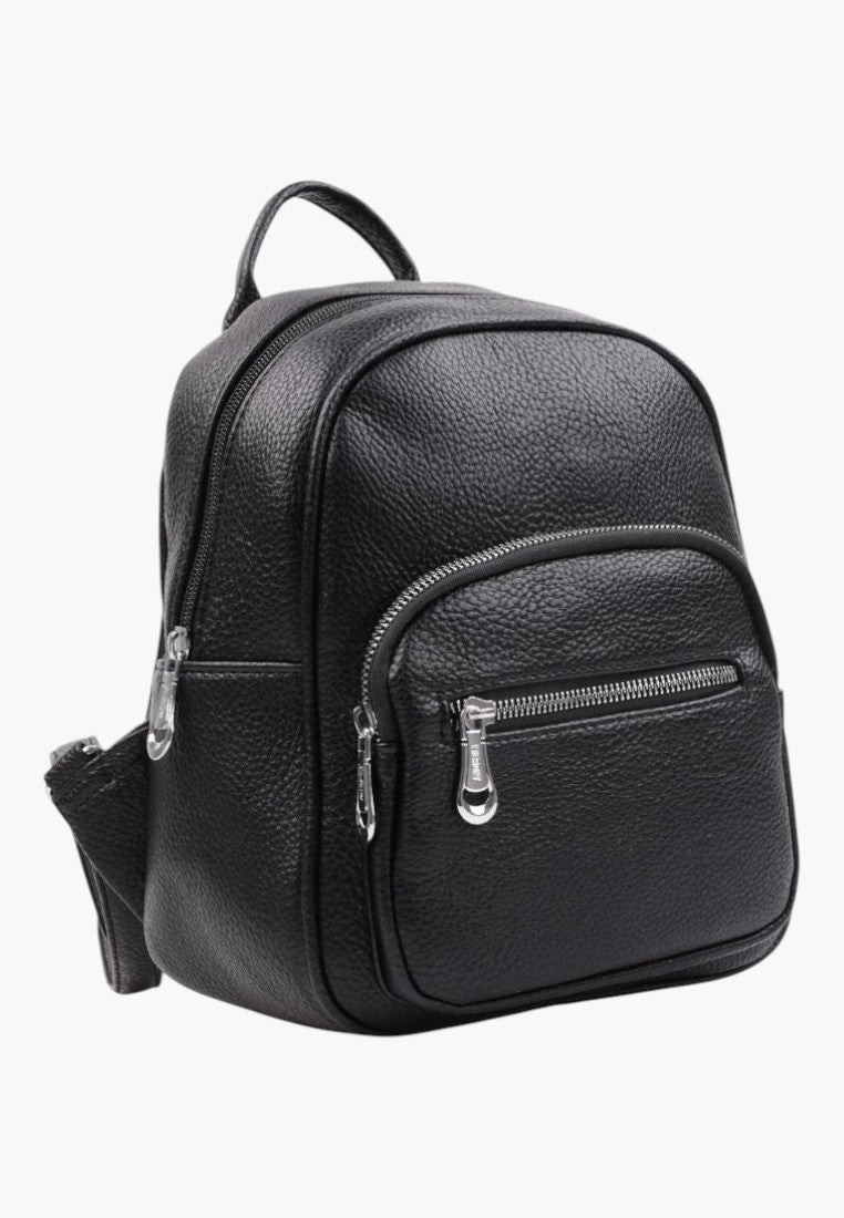 Falio small black urban backpack made of textured faux leather with multiple zippered compartments