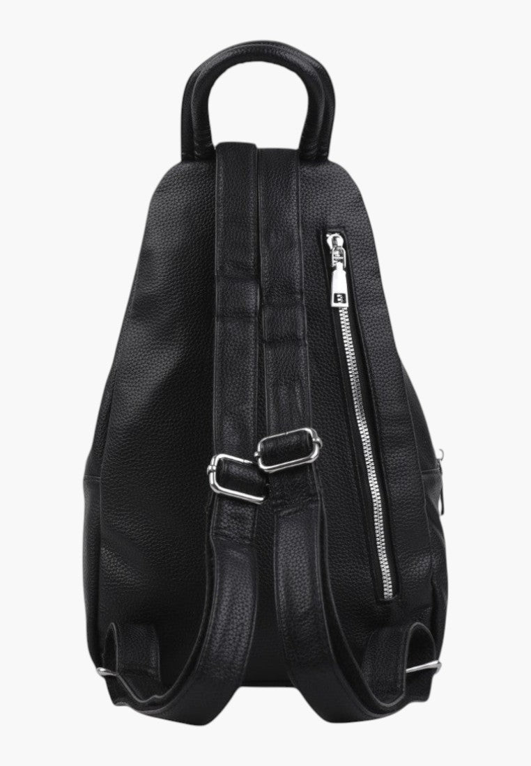 Falio black faux leather urban backpack with adjustable straps and silver zipper details, back view