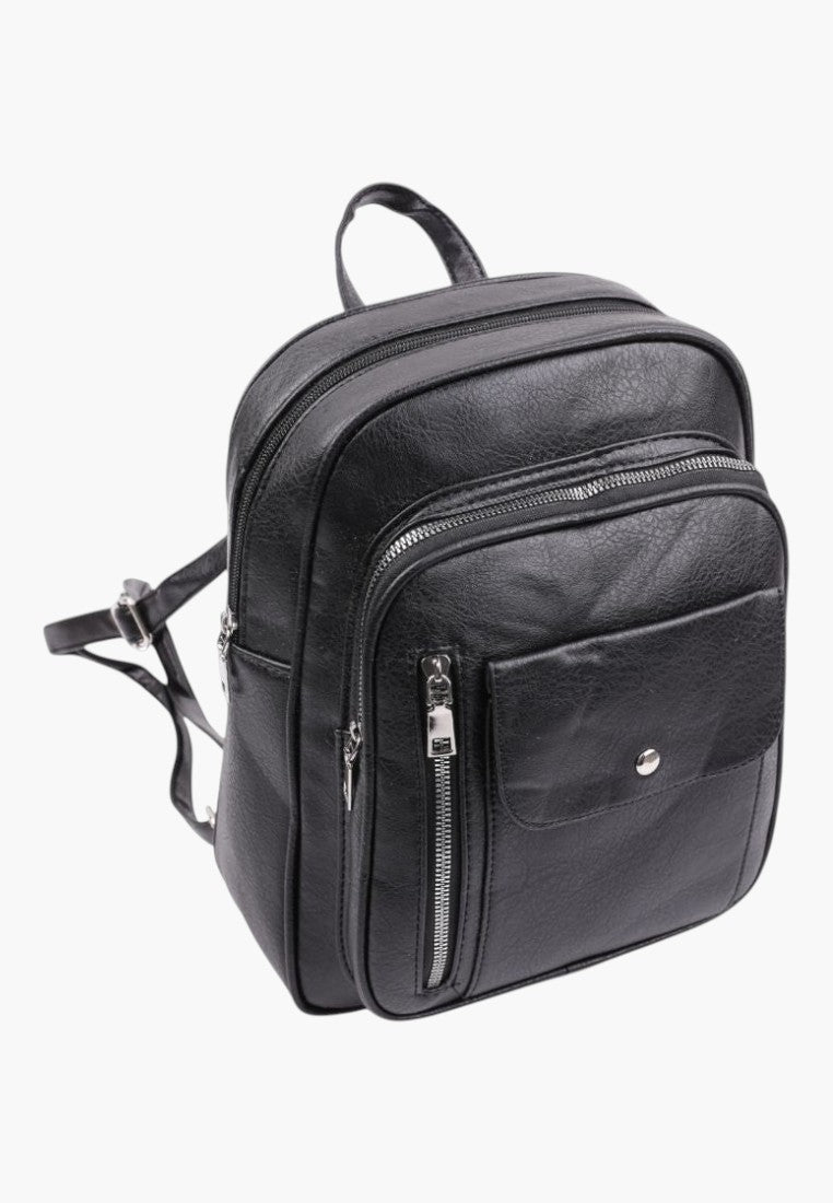 Falio black faux leather urban backpack with multiple zippered pockets and a spacious A4 compartment.