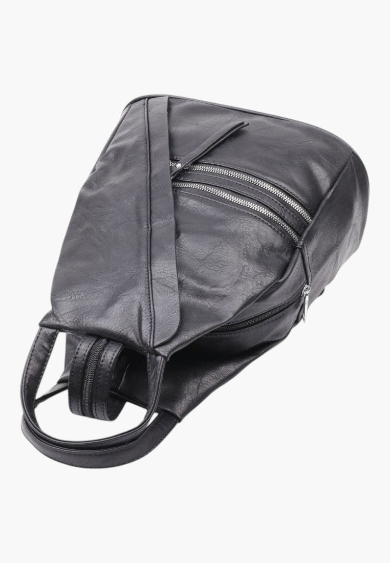 Falio black faux leather urban backpack with multiple zippered pockets and adjustable straps for daily use