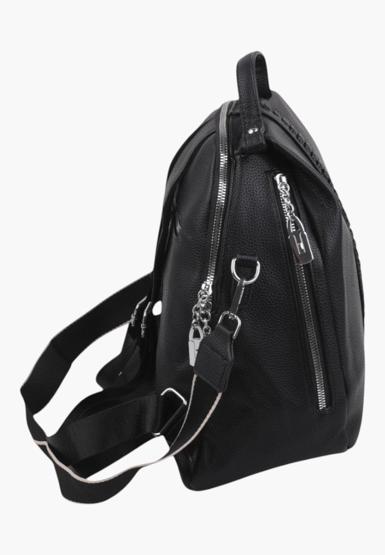 Falio black faux leather urban backpack with silver zippers and adjustable straps, side view