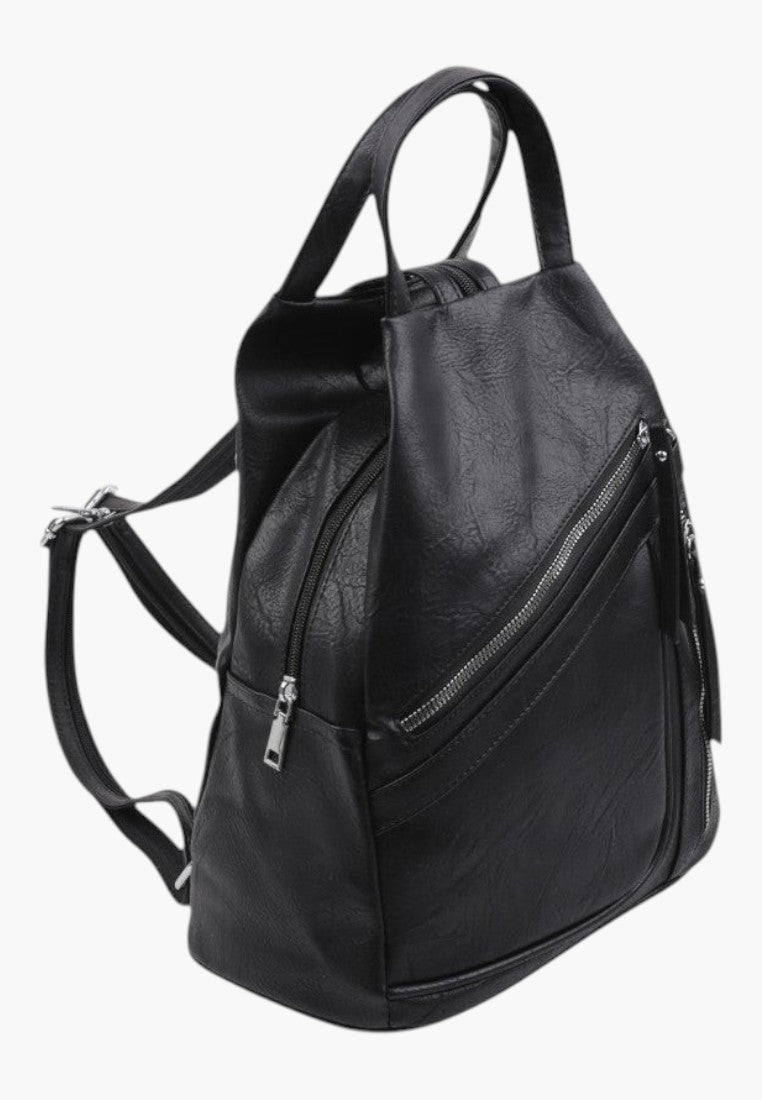 Falio black faux leather urban backpack with multiple zippered pockets and adjustable straps for daily use