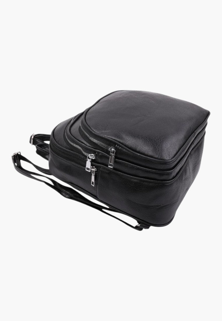Falio black faux leather urban backpack with multiple zippered compartments and adjustable straps