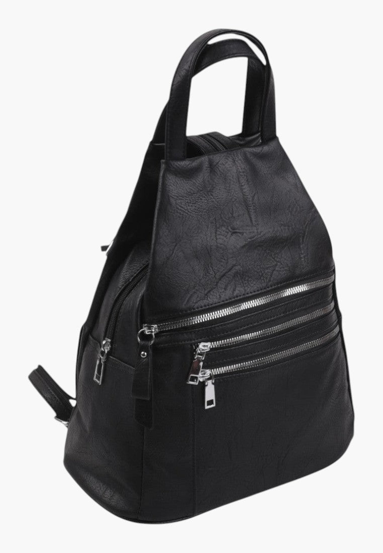 Falio black faux leather urban backpack with multiple zippered pockets and top handle for daily use