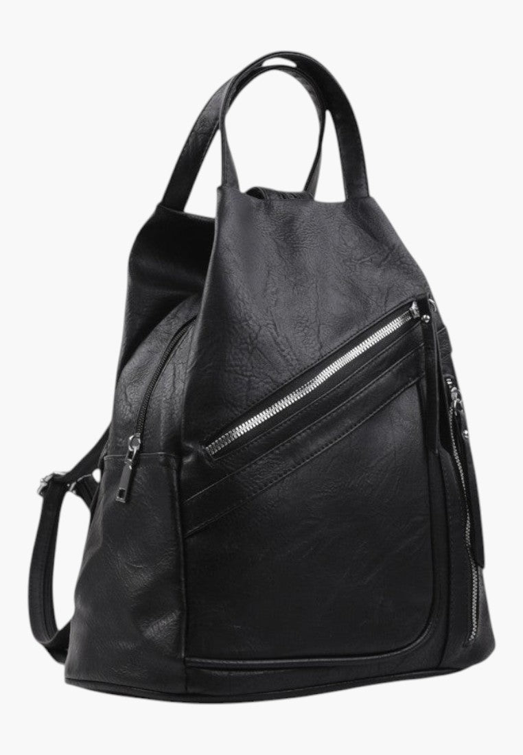 Falio black faux leather urban backpack with multiple zippered pockets and top handle for daily use