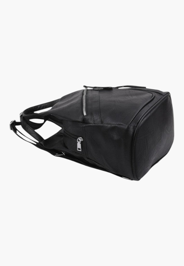 Falio black faux leather urban backpack with multiple zippered pockets and a compact design for daily use